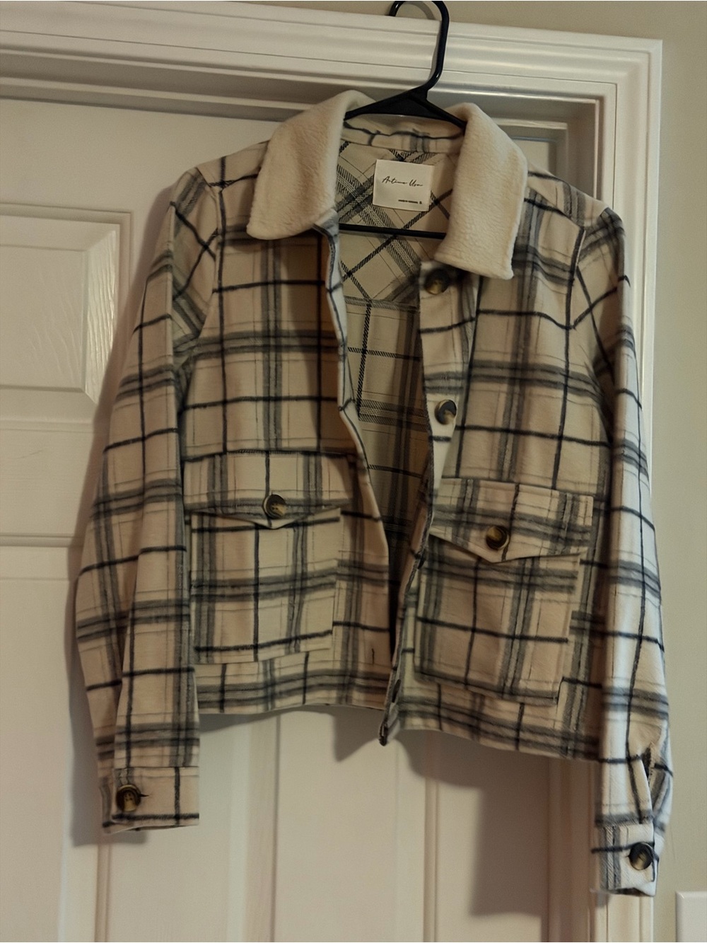 Active USA Cream and Black Plaid Sherpa-Collar Jean Jacket
